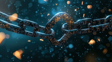 A metallic chain snapping in two, with binary code fragments flying outward, representing digital vulnerability.