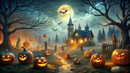 Fototapeta premium Carved pumpkins illuminate a winding path leading to a haunted house, surrounded by bats, bare trees, and a glowing full moon on Halloween night