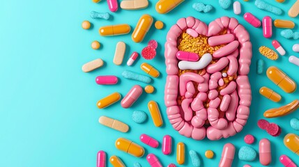 Colorful depiction of digestive health with pills and a stylized gut model on a vibrant blue background.