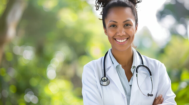 medicine, profession and healthcare concept - happy smiling african american female doctor in white coat with stethoscope over background