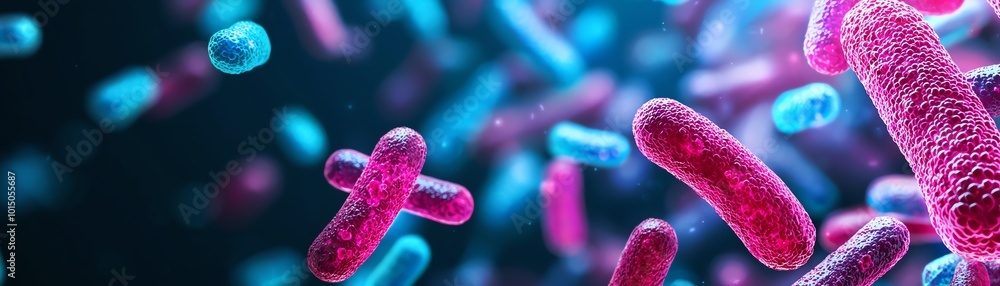 Poster colorful microorganisms display in a digital format, showcasing intricate shapes and diverse structu
