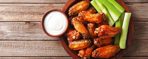 Delicious chicken wing platter with celery and ranch dip on a rustic wooden table, perfect for parties and gatherings.