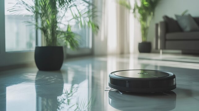 A sleek robotic vacuum cleaner in action, maintaining cleanliness in a modern apartment with minimalist decor, showcasing the convenience of smart cleaning technology.