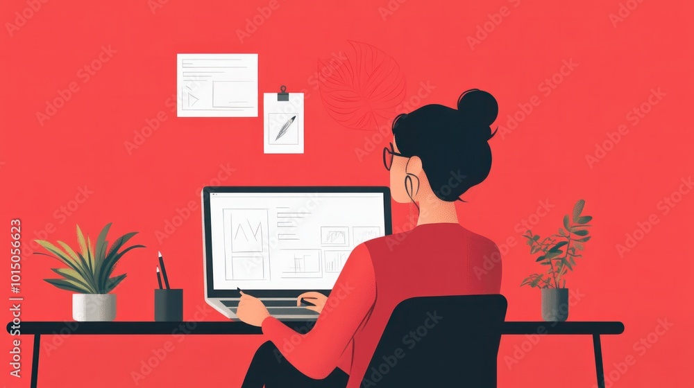 Poster a designer sketching product ideas, seated in front of a simple red background that enhances product