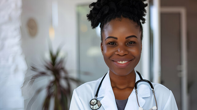 medicine, profession and healthcare concept - happy smiling african american female doctor in white coat with stethoscope over background