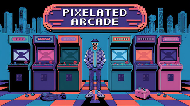 Pixelated arcade game machines and a cool gamer in blue and purple, nostalgic 80s retro gaming fun. 
