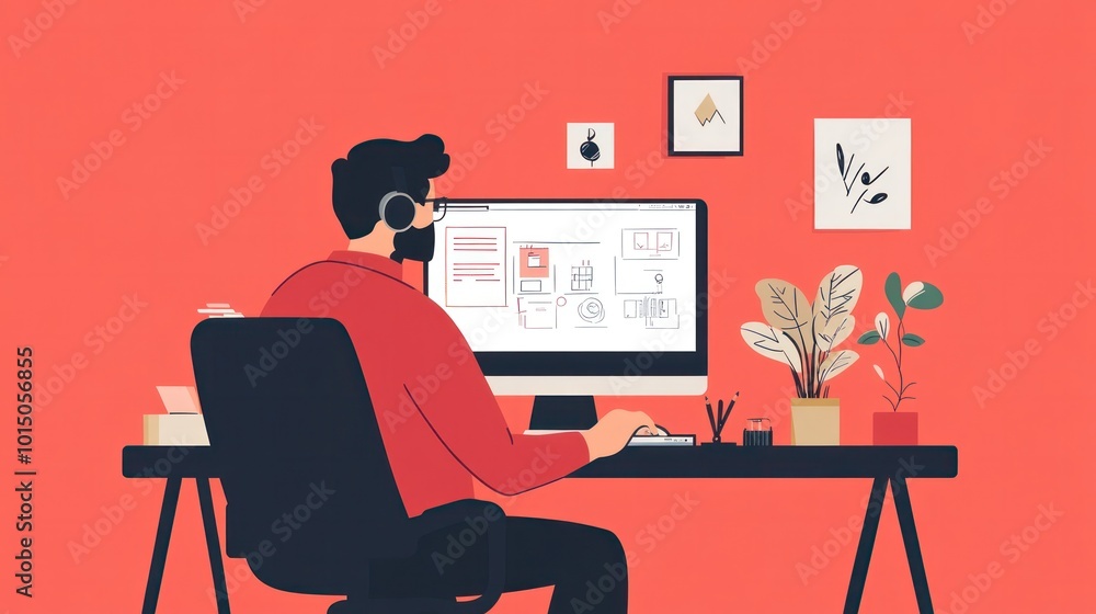 Poster a designer sketching product ideas, seated in front of a simple red background that enhances product