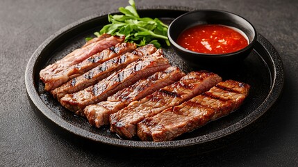 Delicious grilled steak served on a black plate with fresh greens and zesty sauce, perfect for gourmet culinary presentations.