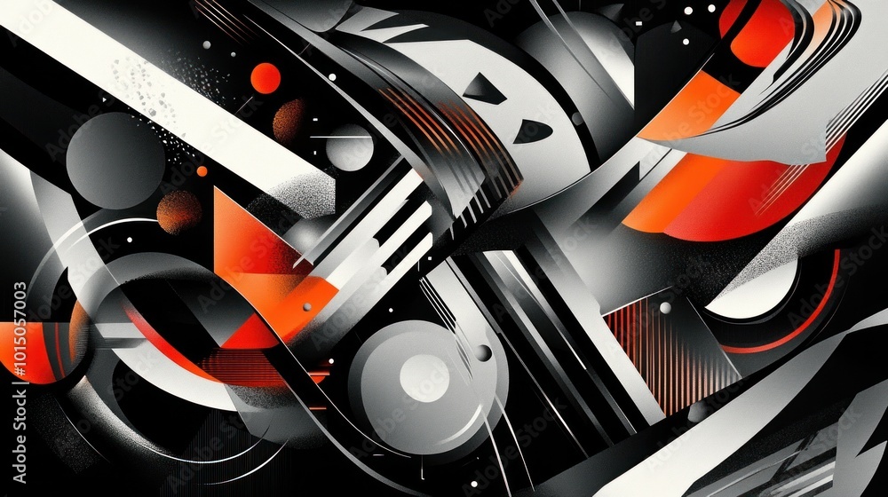 Poster a digital artist creating designs with a black geometric background featuring sharp lines and shapes
