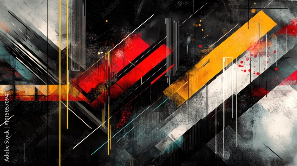 Poster a digital artist creating designs with a black geometric background featuring sharp lines and shapes