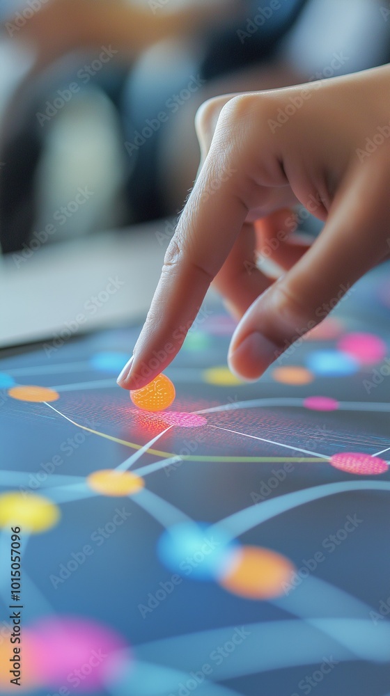 Poster a hand touching a tablet screen displays a network of colored dots connected by lines.