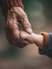 Fototapeta premium A poignant moment captured as a wrinkled, elderly hand tenderly holds a young child's finger, symbolizing the gentle connection between generations.