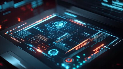 Obraz premium A modern laptop showcasing a futuristic digital interface with glowing tech elements and holographic icons surrounding the screen