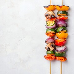 Obraz premium Delicious vegetable skewers featuring colorful peppers, onions, mushrooms, and zucchini, perfect for grilling or healthy meals.