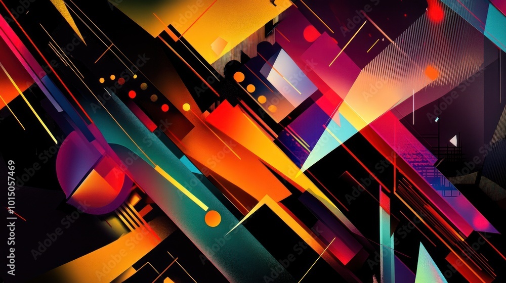 Poster a digital artist creating designs with a black geometric background featuring sharp lines and shapes