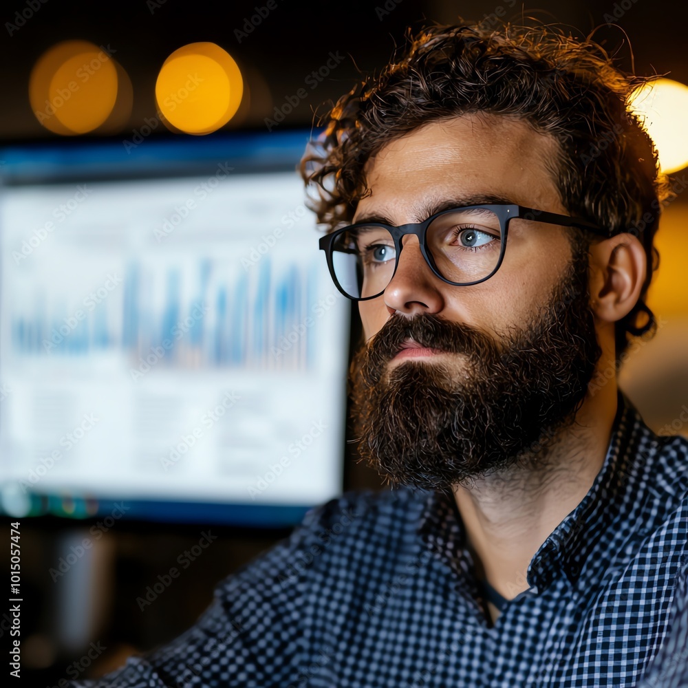 Poster focused man with glasses analyzing data on a computer screen in a modern office environment.