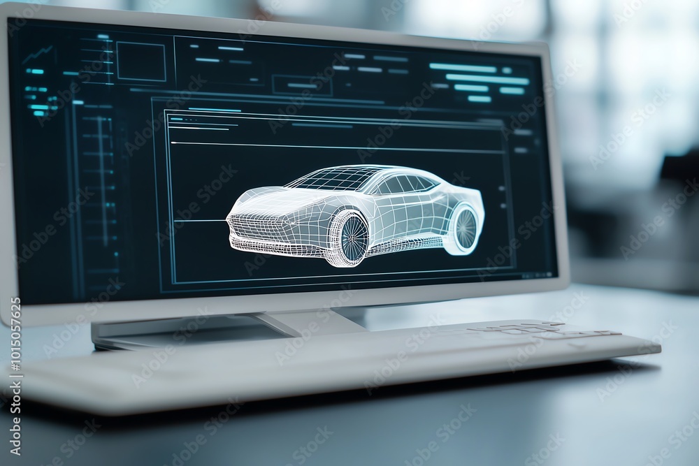Poster futuristic car model displayed on a computer screen, showcasing advanced design and technology in au