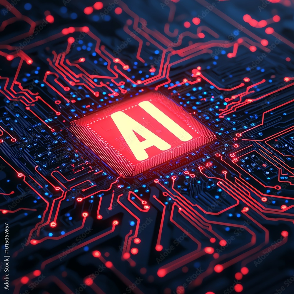 Poster futuristic circuit board design with glowing ai letters showcasing technology and innovation in arti