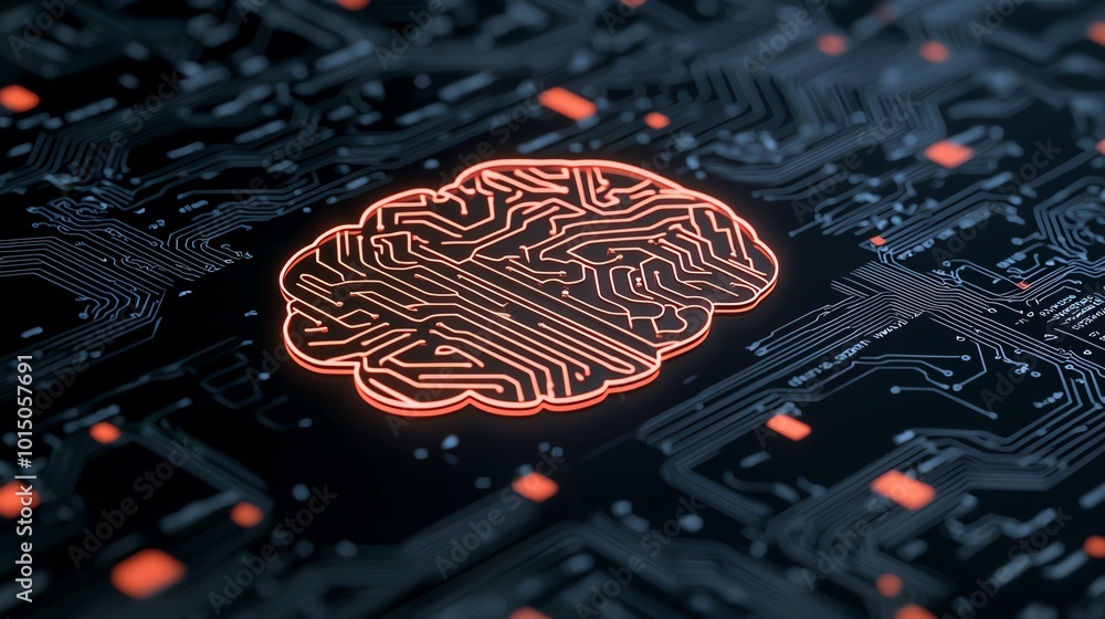 Poster futuristic illustration of a brain made from circuit patterns, symbolizing artificial intelligence a