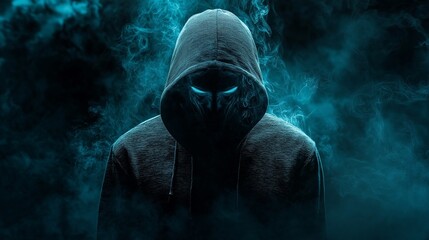 A mysterious hacker figure hooded in darkness and their face obscured by shadows. 