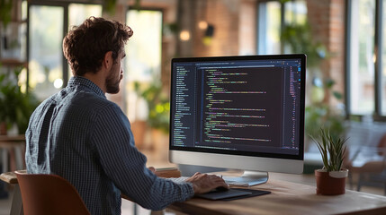 Software developer writing code on a computer screen in a modern workspace.