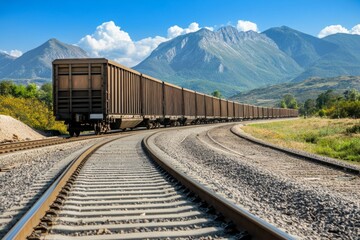 Obraz premium A freight train hauling large cargo containers along a track, set against a stunning mountain backdrop. This image captures the power of transportation under bright midday light, with ample copy space
