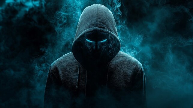 A mysterious hacker figure hooded in darkness and their face obscured by shadows. 