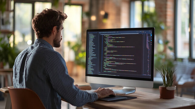 Software developer writing code on a computer screen in a modern workspace.