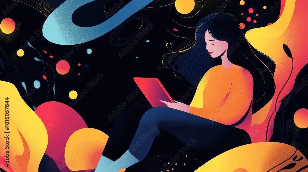 Poster a digital artist working with a tablet, seated in front of an abstract black background featuring dy