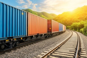 Fototapeta premium A freight train hauling large cargo containers along a track, set against a stunning mountain backdrop. This image captures the power of transportation under bright midday light, with ample copy space