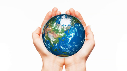3d realistic rotated planet earth on white background, hands holding earth