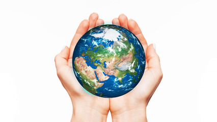 3d realistic rotated planet earth on white background, hands holding earth