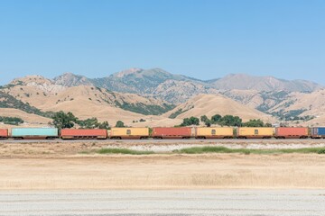 Naklejka premium A freight train hauling large cargo containers along a track, set against a stunning mountain backdrop. This image captures the power of transportation under bright midday light, with ample copy space