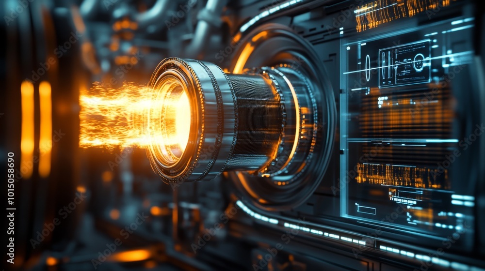 Poster a glowing energy core emits bright light, surrounded by intricate machinery and digital displays in 