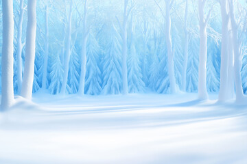 A serene winter landscape featuring snow-covered trees in a tranquil forest setting