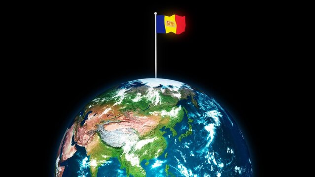 3d rotated planet earth flying Andorra flag flag, earth globe with flag