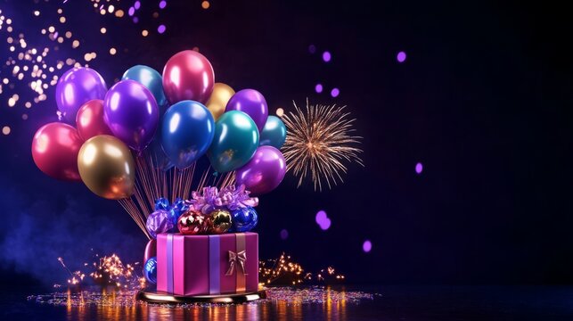 A festive gift box elegantly displayed on a pedestal, surrounded by colorful balloons and vibrant fireworks, creating a joyful celebration atmosphere. This image perfectly captures the essence of part