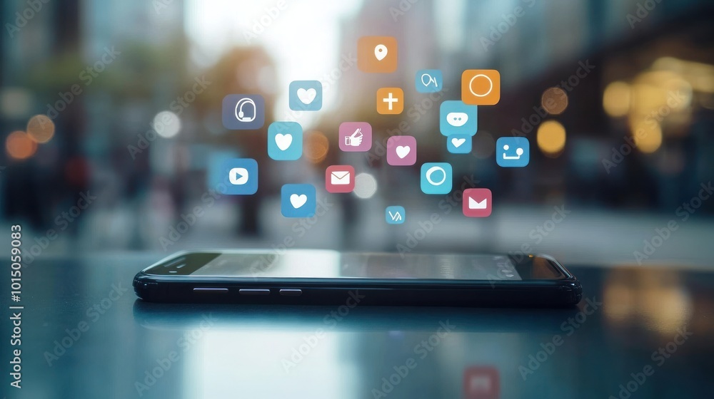 Poster a digital communication banner with floating likes and comments notifications around a smartphone, s
