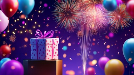A festive gift box elegantly displayed on a pedestal, surrounded by colorful balloons and vibrant fireworks, creating a joyful celebration atmosphere. This image perfectly captures the essence of part