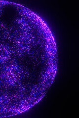 Sci-fi vertical background with glowing bright blue and purple particles in hi-tech sphere shape on black. 3D render. Moon, Earth, planet. Business, connection, digital technology, satellite Internet