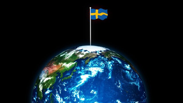 3d rotated planet earth flying Sweden flag, earth globe with flag