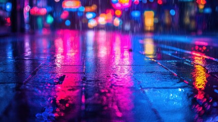 Abstract dark street scene with neon lights reflecting off the wet asphalt, evoking a futuristic and atmospheric vibe in an empty urban space