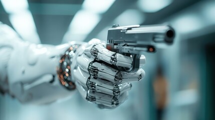 A robot arm gracefully holds a handgun, showing a reflective and futuristic setting, symbolizing technology's potential and the balance of power with innovation.