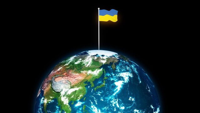 3d rotated planet earth flying Ukraine flag, earth globe with flag