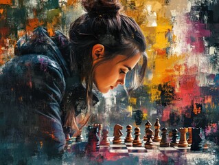 Naklejka premium Intense Focus of a Female Chess Player in a Dynamic Abstract Portrait with Bold Brushstrokes and Colors