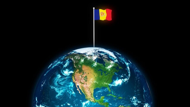 3d rotated planet earth on flying Andorra flag flag, earth globe with flag