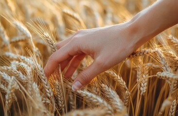 Close-up of a hand gently touching golden wheat in a field during a sunny day, highlighting agriculture and the connection with nature