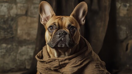 A French Bulldog stands with a dignified expression, draped in a brown cloth, against a textured wall. The warm tones highlight the dog's charming features and attentive gaze.