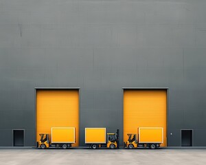 Open loading bay doors with forklifts moving between trucks, seamless logistics operation