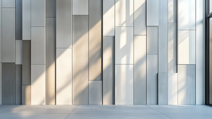 Obraz premium Contemporary Interior With Geometric Wall Panels And Bright Sunlit Shadows